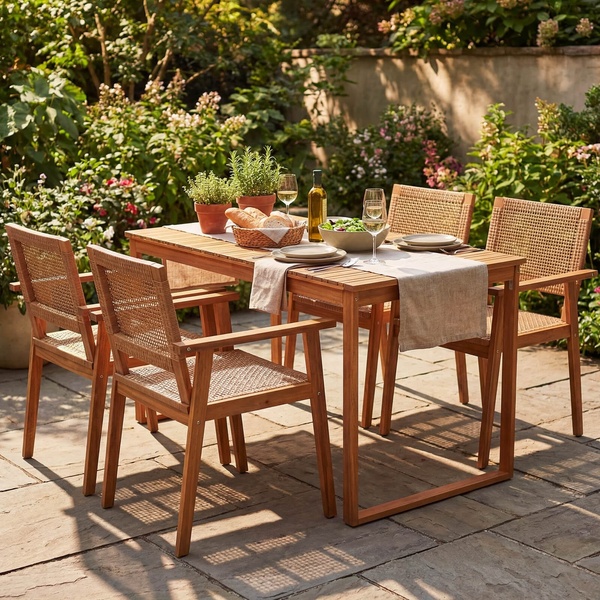 outdoor dining set, patio dining table, wicker dining chairs, wooden patio table, outdoor dining furniture, product demo, lifestyle, outdoor, calm, warm, brown, neutral